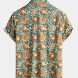 Casual Bohemian Blue Paisley and Floral Print Short Sleeve Shirt