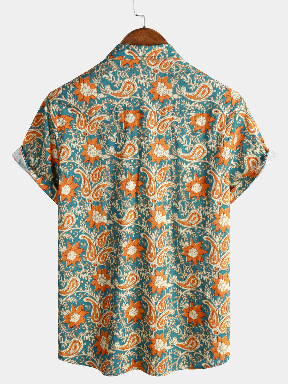 Casual Bohemian Blue Paisley and Floral Print Short Sleeve Shirt