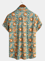 Casual Bohemian Blue Paisley and Floral Print Short Sleeve Shirt