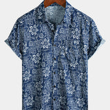Navy Geometric Floral Bohemian Casual Short Sleeve Shirt
