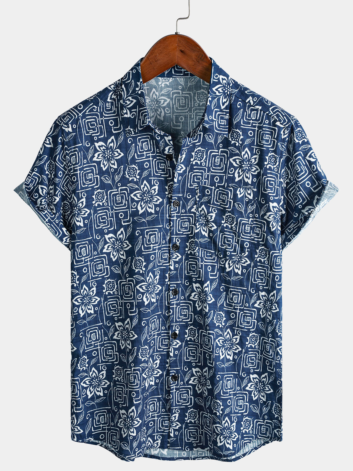Navy Geometric Floral Bohemian Casual Short Sleeve Shirt
