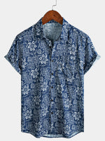 Navy Geometric Floral Bohemian Casual Short Sleeve Shirt