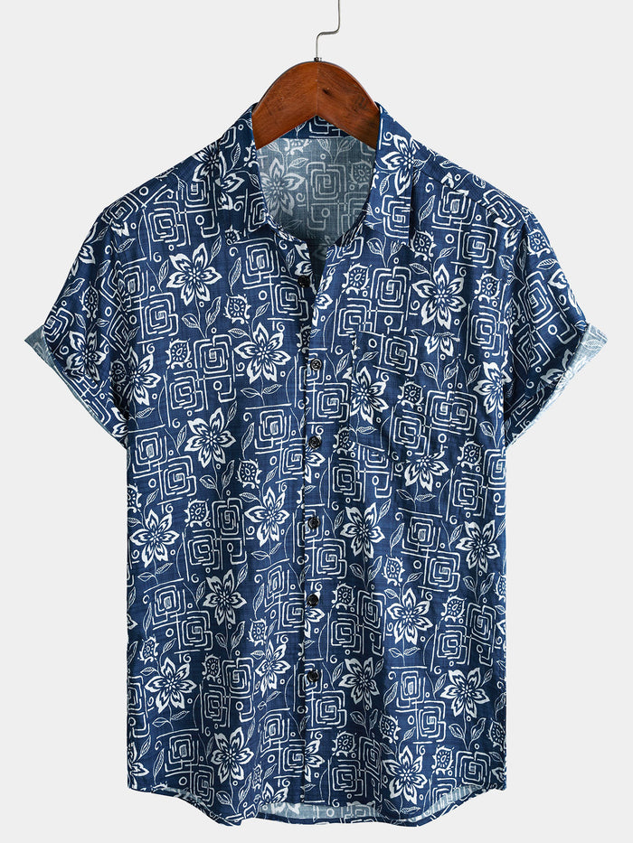 Navy Geometric Floral Bohemian Casual Short Sleeve Shirt