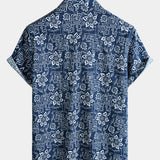 Navy Geometric Floral Bohemian Casual Short Sleeve Shirt