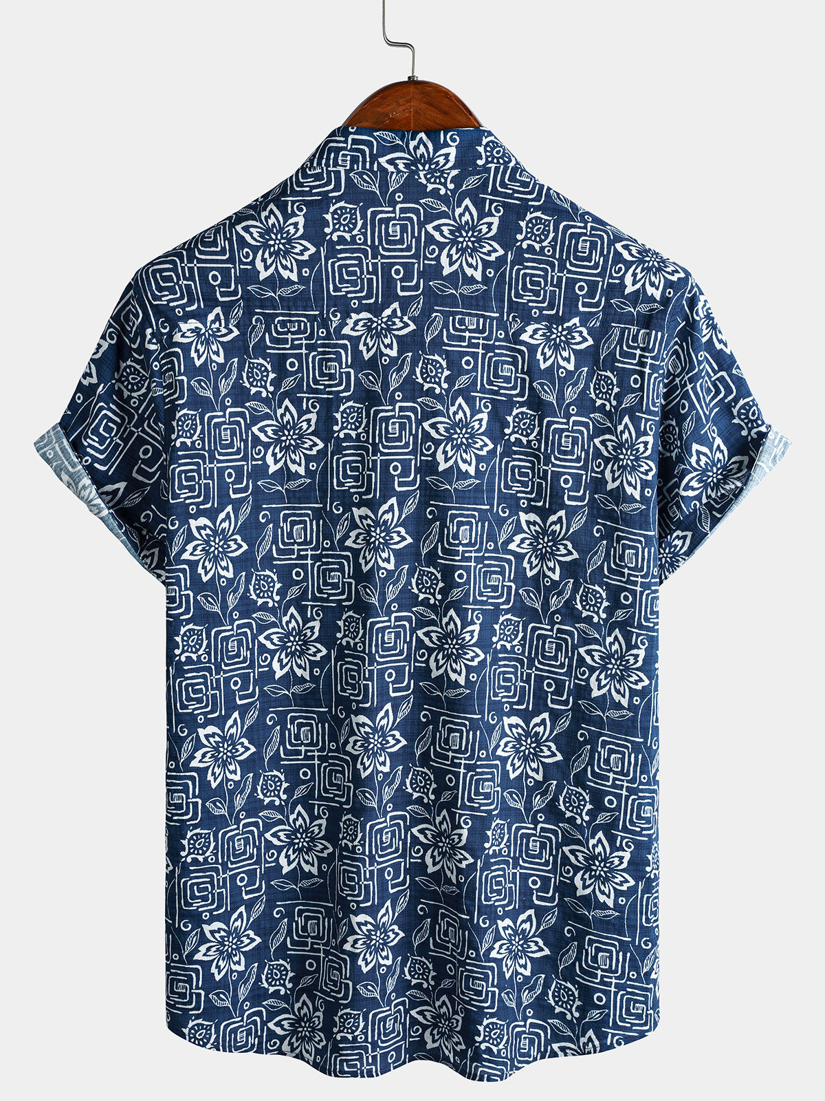 Navy Geometric Floral Bohemian Casual Short Sleeve Shirt