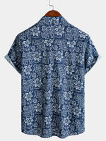 Navy Geometric Floral Bohemian Casual Short Sleeve Shirt