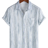 Men's Breathable Cotton Short-Sleeve Shirt with Pocket in Black Stripes