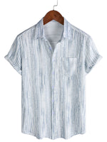 Men's Breathable Cotton Short-Sleeve Shirt with Pocket in Black Stripes