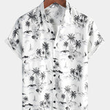 White Aloha Hawaiian Short Sleeve Shirt with Tropical Palm and Pineapple Print