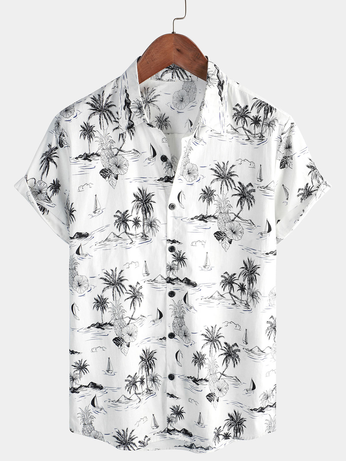 White Aloha Hawaiian Short Sleeve Shirt with Tropical Palm and Pineapple Print