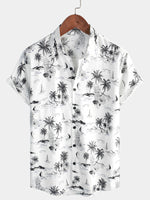 White Aloha Hawaiian Short Sleeve Shirt with Tropical Palm and Pineapple Print