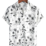 White Cotton Aloha Shirt with Short Sleeves, Tropical Pineapple and Palm Pattern for Men