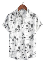 White Cotton Aloha Shirt with Short Sleeves, Tropical Pineapple and Palm Pattern for Men
