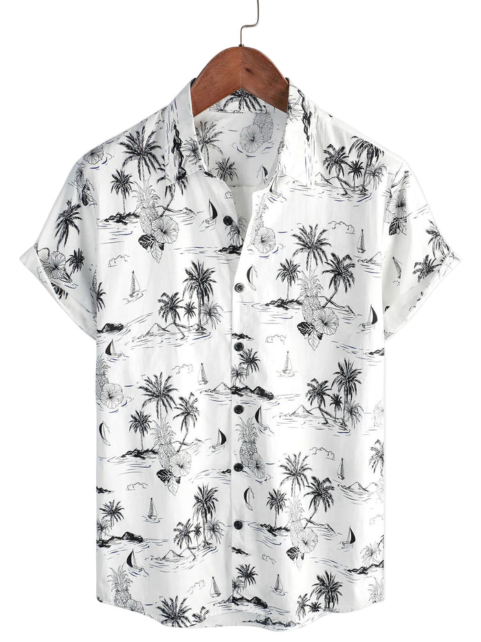 White Cotton Aloha Shirt with Short Sleeves, Tropical Pineapple and Palm Pattern for Men