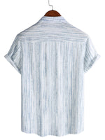Men's Breathable Cotton Short-Sleeve Shirt with Pocket in Black Stripes