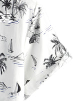 White Cotton Aloha Shirt with Short Sleeves, Tropical Pineapple and Palm Pattern for Men