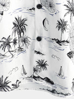 White Aloha Hawaiian Short Sleeve Shirt with Tropical Palm and Pineapple Print