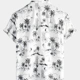 White Aloha Hawaiian Short Sleeve Shirt with Tropical Palm and Pineapple Print