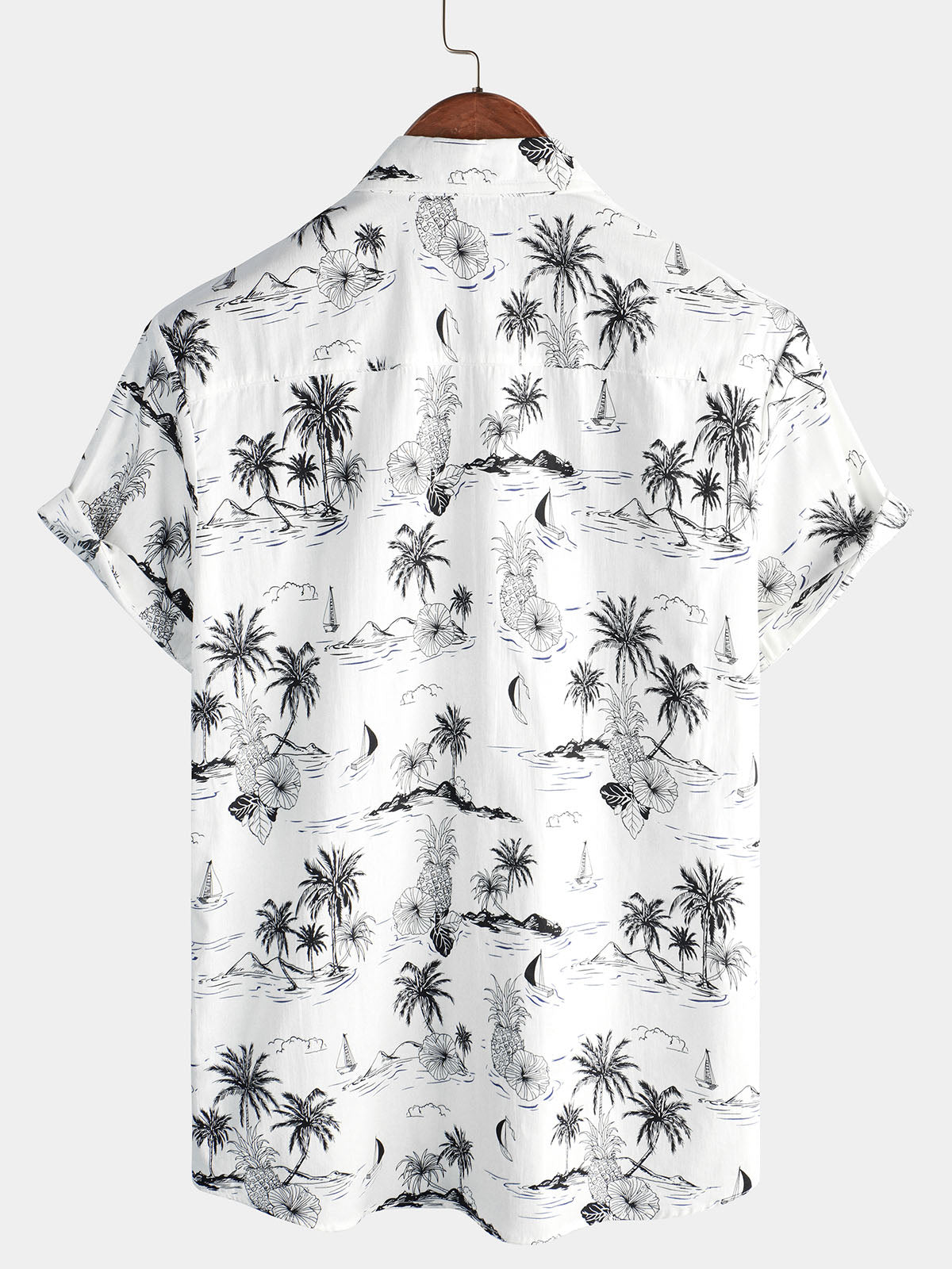 White Aloha Hawaiian Short Sleeve Shirt with Tropical Palm and Pineapple Print
