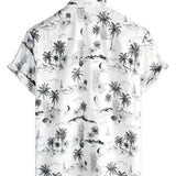 White Cotton Aloha Shirt with Short Sleeves, Tropical Pineapple and Palm Pattern for Men