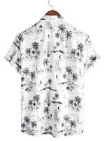 White Cotton Aloha Shirt with Short Sleeves, Tropical Pineapple and Palm Pattern for Men