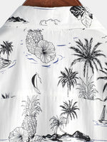 White Aloha Hawaiian Short Sleeve Shirt with Tropical Palm and Pineapple Print