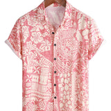 Men's Pink Hawaiian-Style Cotton Short-Sleeve Shirt with Floral Pattern