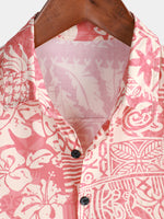 Men's Pink Hawaiian-Style Cotton Short-Sleeve Shirt with Floral Pattern