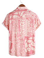 Men's Pink Hawaiian-Style Cotton Short-Sleeve Shirt with Floral Pattern