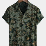 Button-Up Short Sleeve Shirt, Floral Print, Vintage Green, Summer Vacation