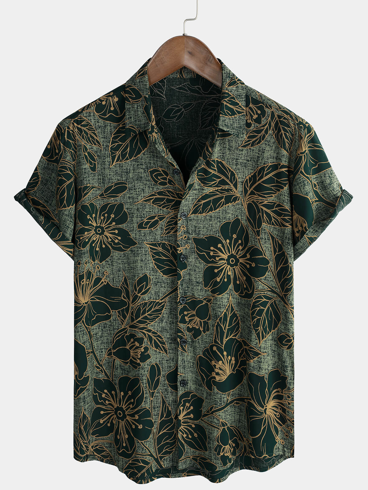 Button-Up Short Sleeve Shirt, Floral Print, Vintage Green, Summer Vacation