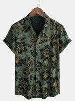 Button-Up Short Sleeve Shirt, Floral Print, Vintage Green, Summer Vacation