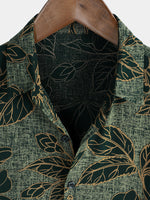 Button-Up Short Sleeve Shirt, Floral Print, Vintage Green, Summer Vacation