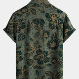 Button-Up Short Sleeve Shirt, Floral Print, Vintage Green, Summer Vacation