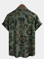 Button-Up Short Sleeve Shirt, Floral Print, Vintage Green, Summer Vacation