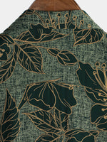 Button-Up Short Sleeve Shirt, Floral Print, Vintage Green, Summer Vacation