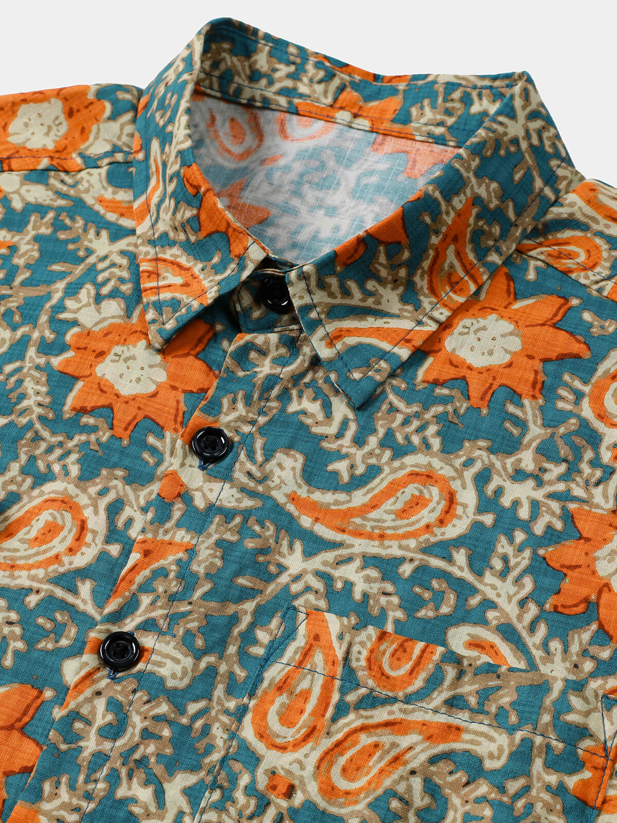 Casual Bohemian Blue Paisley and Floral Print Short Sleeve Shirt