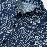 Navy Geometric Floral Bohemian Casual Short Sleeve Shirt