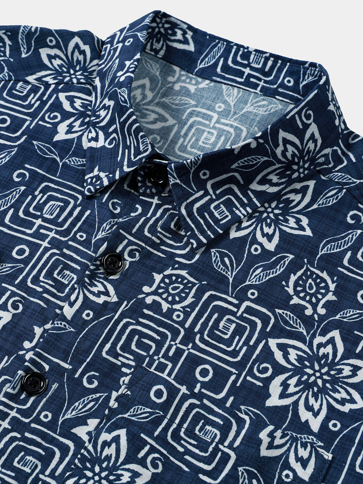 Navy Geometric Floral Bohemian Casual Short Sleeve Shirt