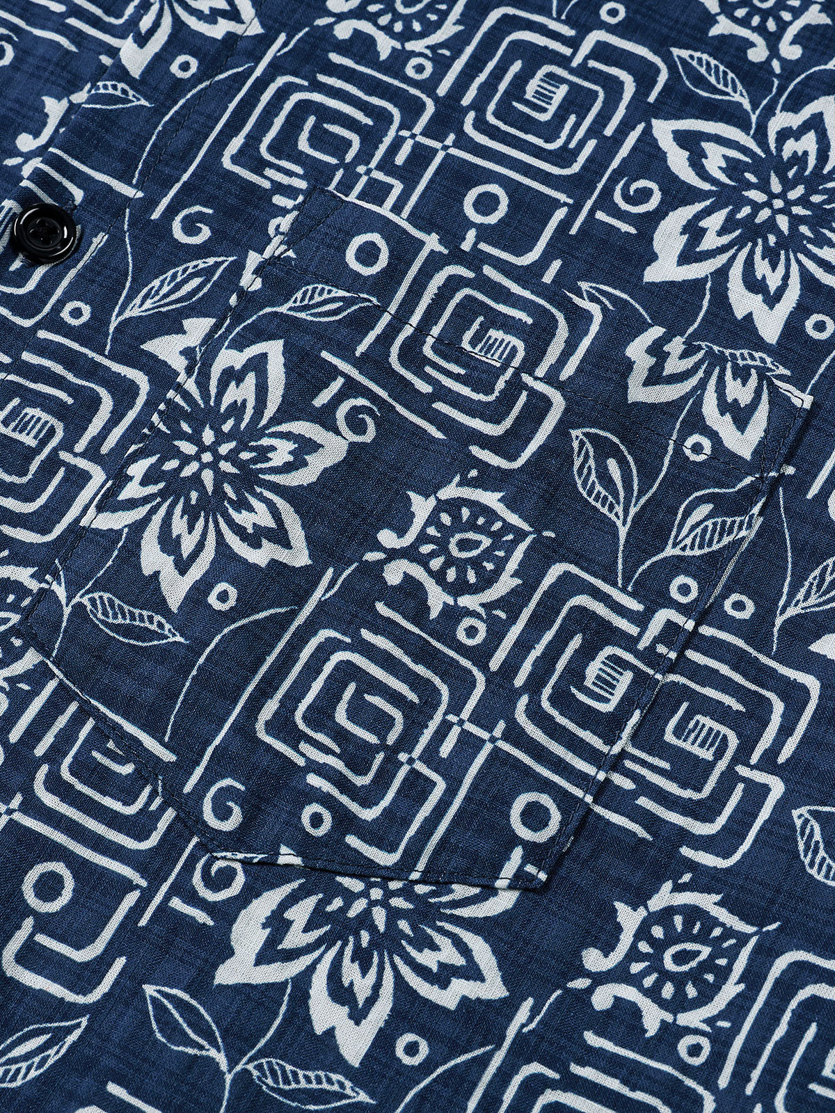 Navy Geometric Floral Bohemian Casual Short Sleeve Shirt