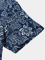 Navy Geometric Floral Bohemian Casual Short Sleeve Shirt