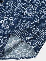 Navy Geometric Floral Bohemian Casual Short Sleeve Shirt