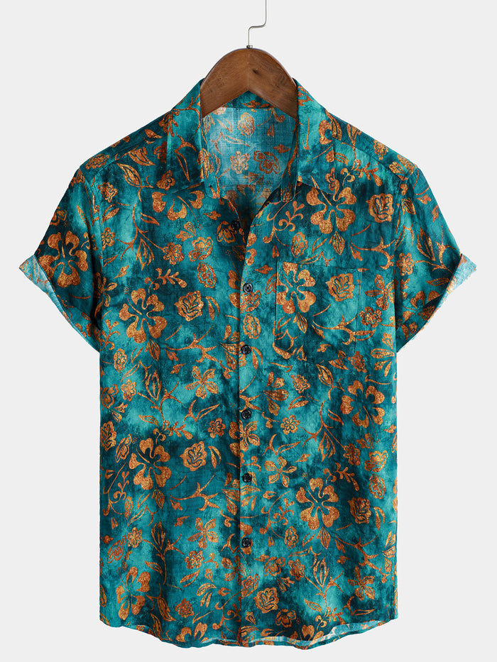 Hawaiian Short-Sleeve Floral Print Shirt with Pocket