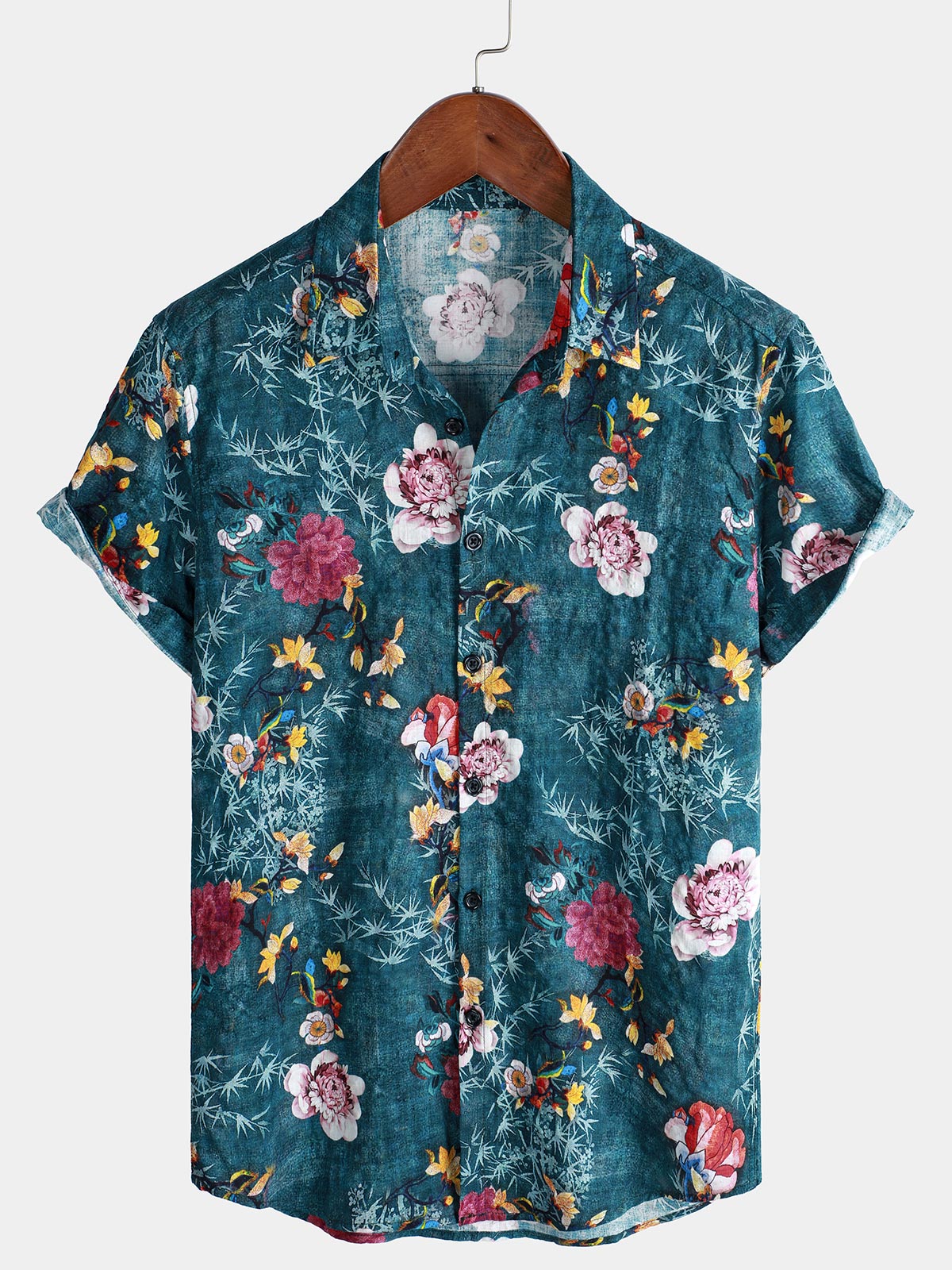 Blue Short Sleeve Retro Floral Print Shirt
