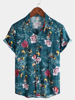 Blue Short Sleeve Retro Floral Print Shirt
