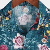 Blue Short Sleeve Retro Floral Print Shirt