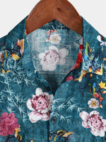 Blue Short Sleeve Retro Floral Print Shirt