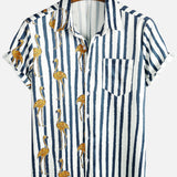 Hawaiian Short-Sleeve Shirt, Tropical Flamingo, Navy, Striped Print, Pocket