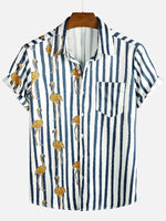 Hawaiian Short-Sleeve Shirt, Tropical Flamingo, Navy, Striped Print, Pocket