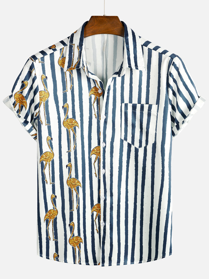Hawaiian Short-Sleeve Shirt, Tropical Flamingo, Navy, Striped Print, Pocket